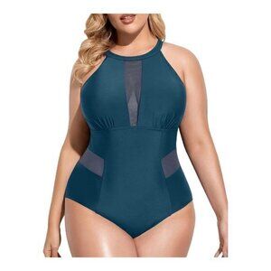 Turquoise One Piece Swimsuit High Neck Plunge Mesh Cut Size 16W NWT #7108